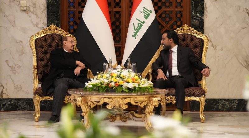 رئيس اتحاد البرلمان العربي رئيس البرلمان العراقي محمد الحلبوسي يستقبل السيد سلطان سعيد عبد الله البركاني رئيس مجلس النواب اليمنى